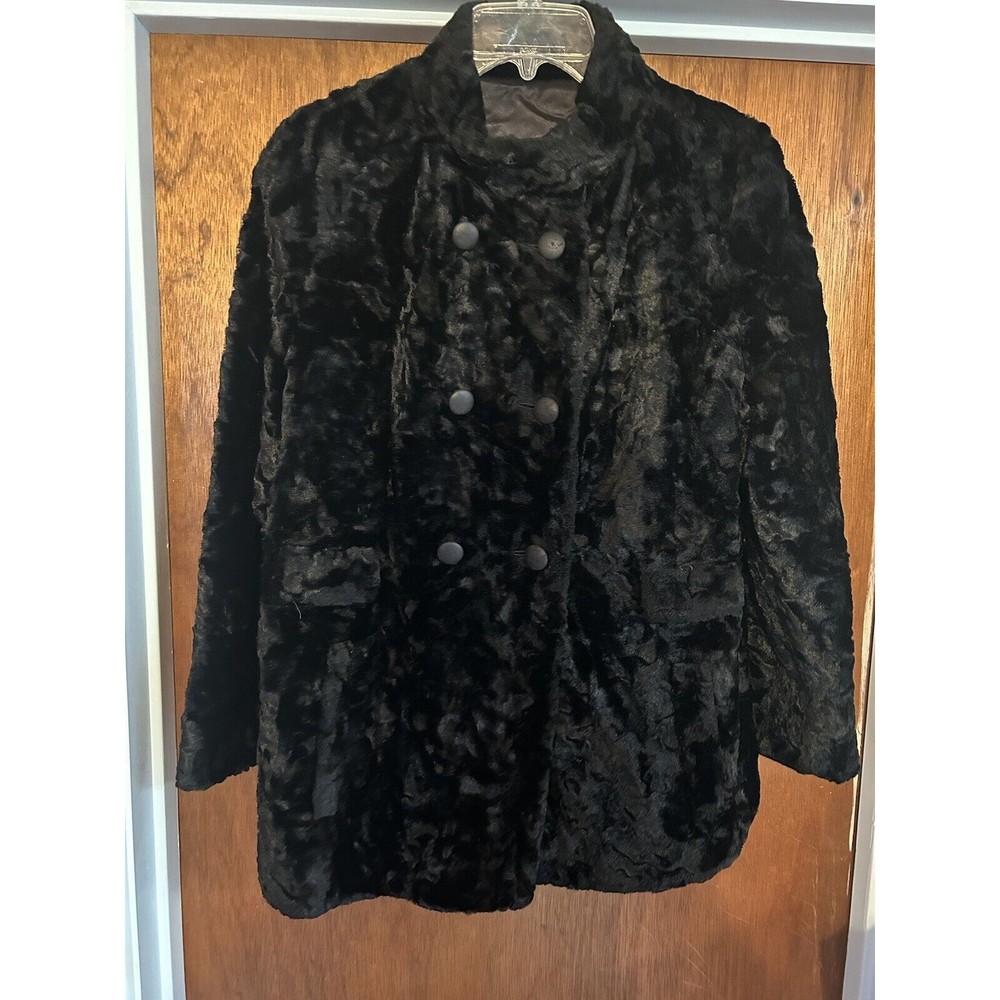 Vintage Elegant Juli De Roma Black Fur Coat Faux Double Breasted Exquisite USA